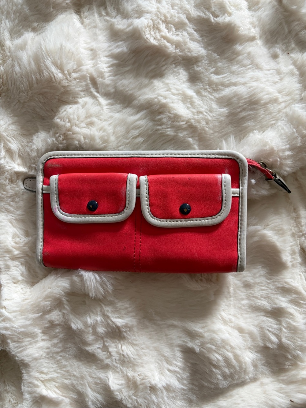 Coach Large Leather Watermelon Pink Zip Wallet with White Trim